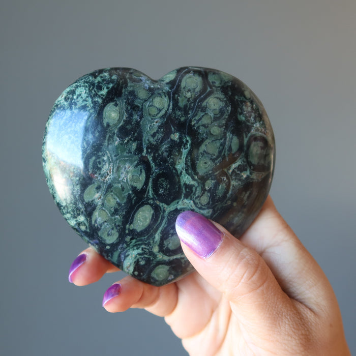 hand holding kambaba jasper heart