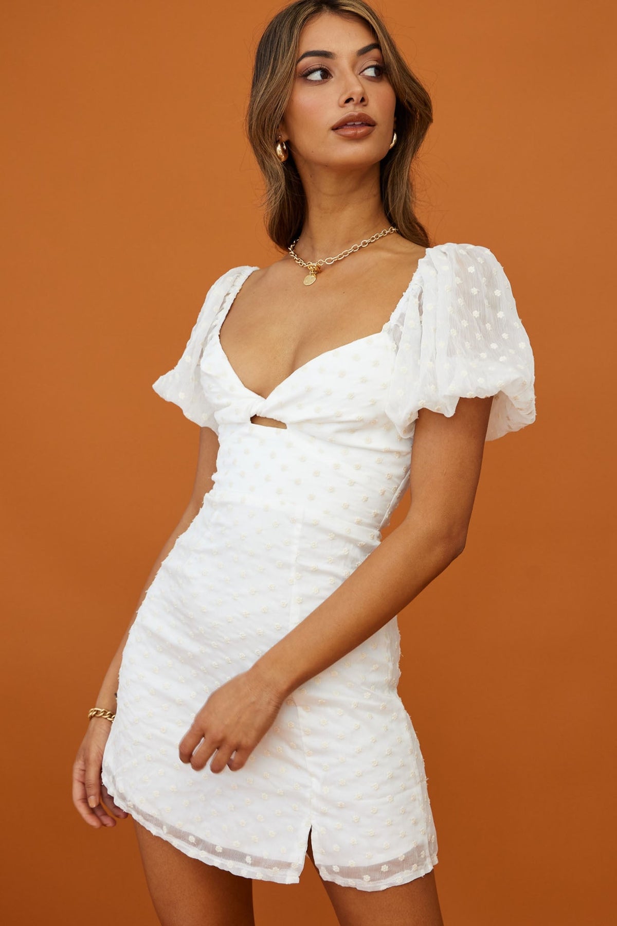 Molli Sheer Puff Sleeve Twist Feature Dress White