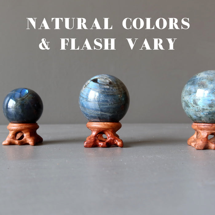 three labradorite spheres on wood display stands