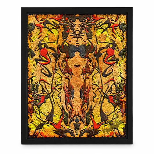 Framed abstract artwork with a central figure and symmetrical patterns on a textured background.