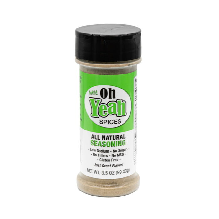A 3.5 oz shaker bottle of Oh Yeah Plus Seasoning by Oh Yeah Spices, indicating all natural seasoning, low sodium, sugar-free, MSG-free, and gluten-free.