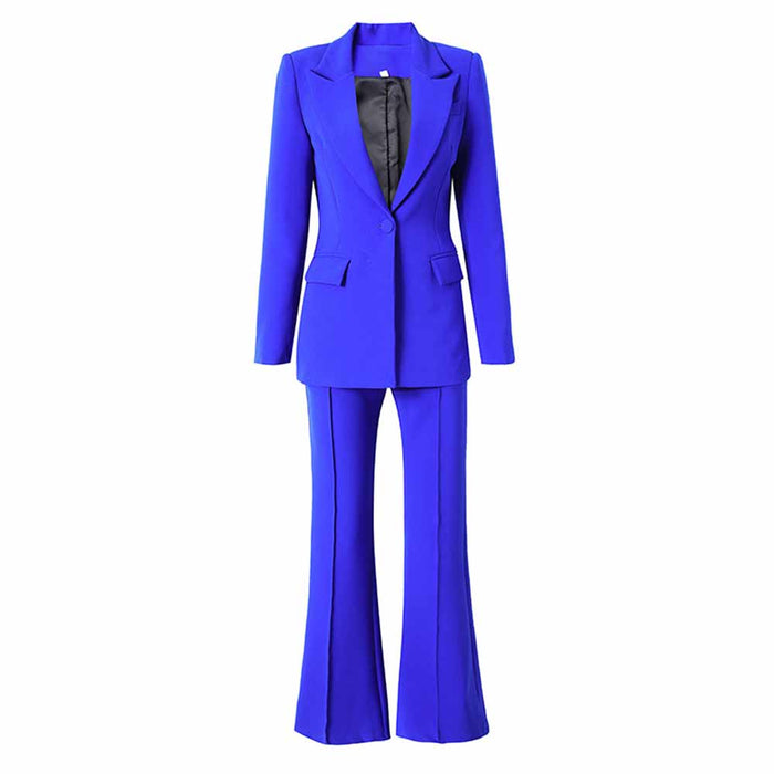 Bright blue one button blazer and flare pants set for a stylish and modern look