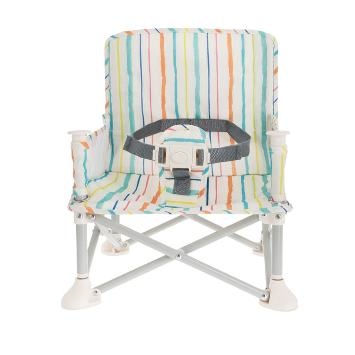 The Nuby Pop Up Booster Seat | Stripes is a small, foldable children's chair with colorful vertical stripes, a safety harness, and a white frame—ideal for meals at home or on the go.