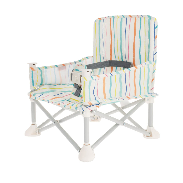 The Nuby Pop Up Booster Seat | Stripes is a portable, foldable child’s chair with colorful striped fabric, safety harness, armrests, and a sturdy white and gray metal frame—ideal for on-the-go comfort and convenience.