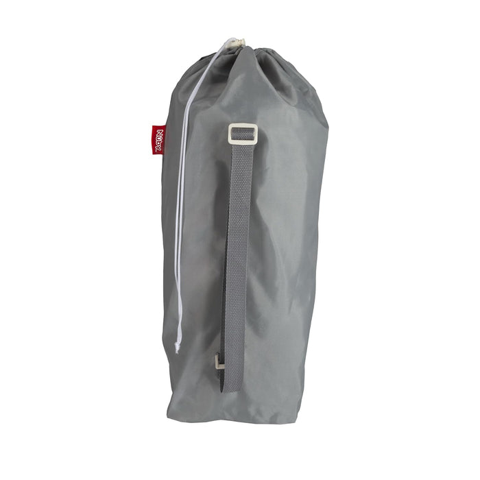 A gray drawstring bag with a white cord, adjustable strap, and small red tag is shown against a white background—ideal for carrying the Nuby Pop Up Booster Seat | Stripes.