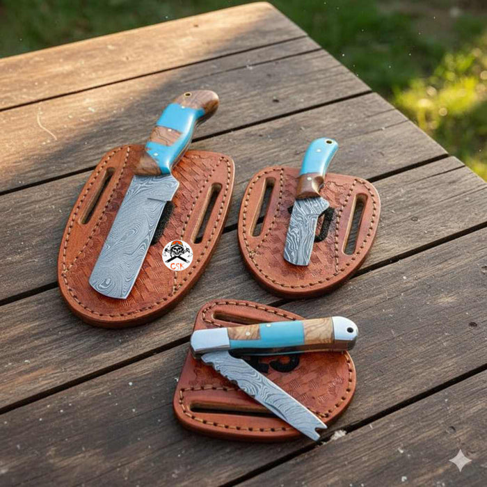 Premium 3-Piece Bull Cutter Knife Set – Damascus Steel Knives with Leather Sheaths