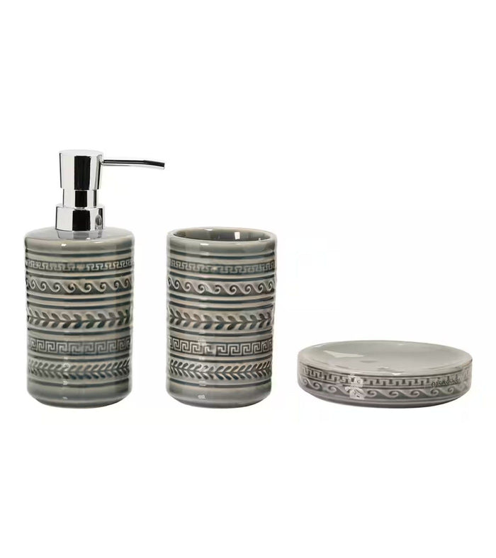 Gray ceramic dispenser, matching tumbler cup, and round soap tray with embossed band