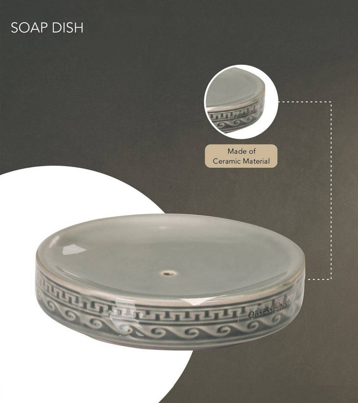 Round gray ceramic soap dish with embossed decorative band and center drain hole