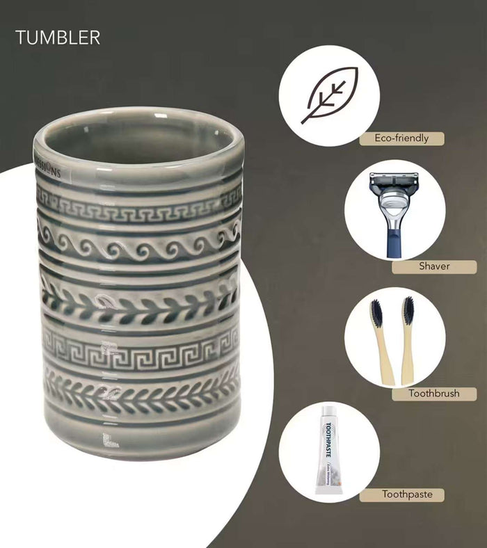 Gray ceramic tumbler cup with stacked embossed decorative bands