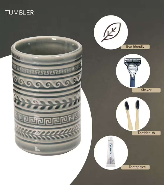 Gray ceramic tumbler cup with glossy finish and geometric embossed stripe pattern