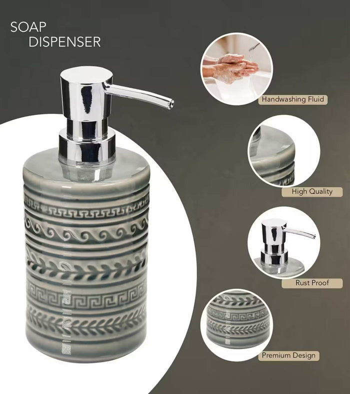 Gray ceramic soap dispenser with chrome pump handle and embossed decorative band
