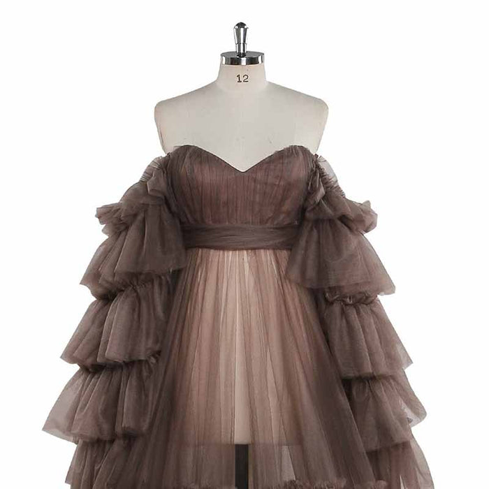 Puffy Ruffles Tulle Robe for Maternity Sheer Off Shoulder Maternity Prom Gown