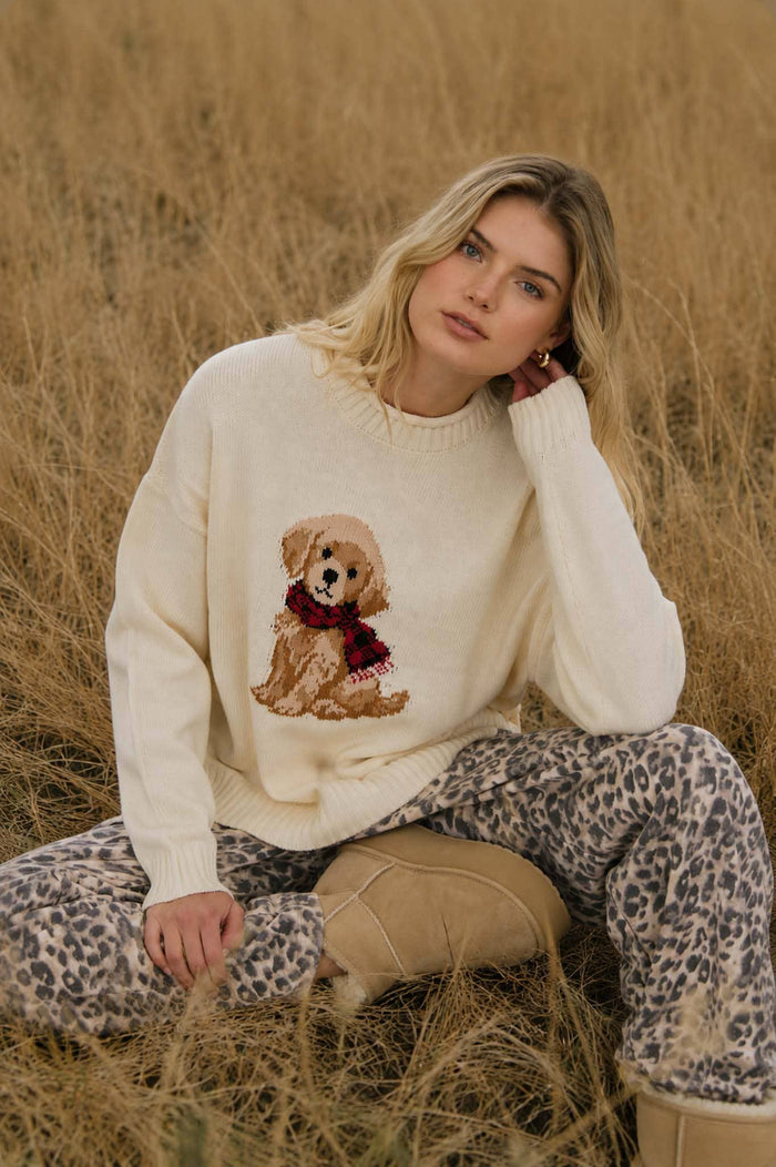 PUPPY CREW NECK RELAXED SWEATER: NAVY