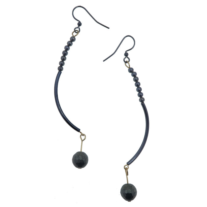 faceted pyrite on long curved earrings