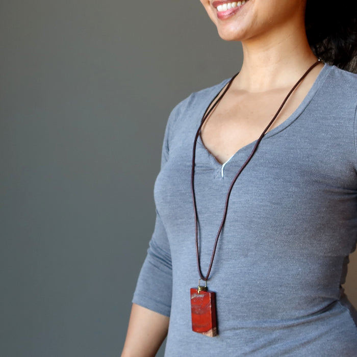 red rectangle jasper necklace on leather