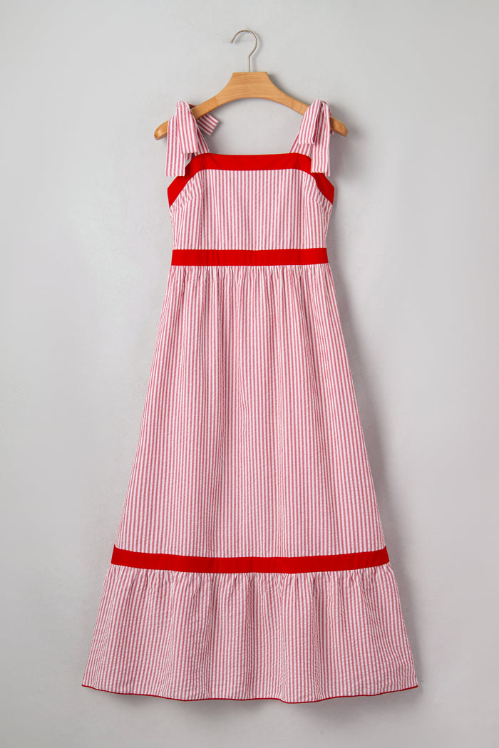 Red Stripe Bow Knot Straps Contrast Trim High Waist Ruffle Hem Maxi Dress 🇺🇸