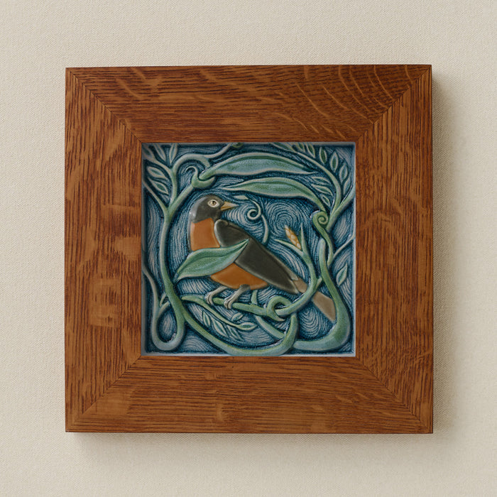 Rookwood Winterberry Robin revival bird art tile in a golden oak wood frame