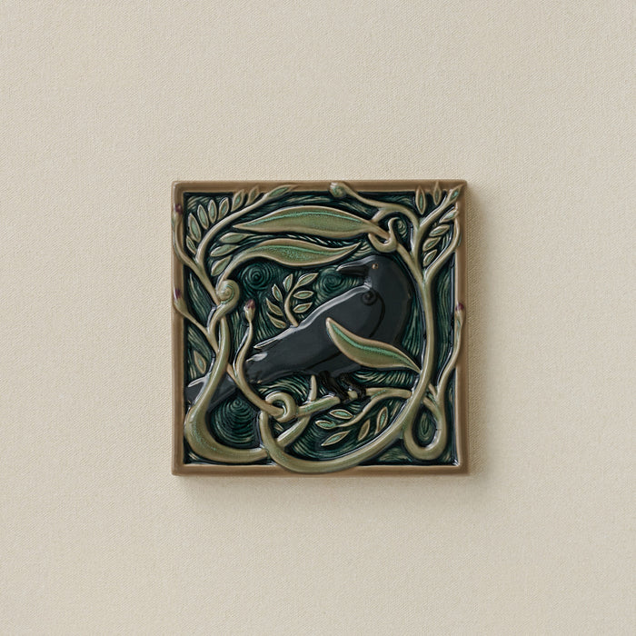 Hand-painted Rookwood Serviceberry Rook revival bird art tile in warm summer tones, unframed