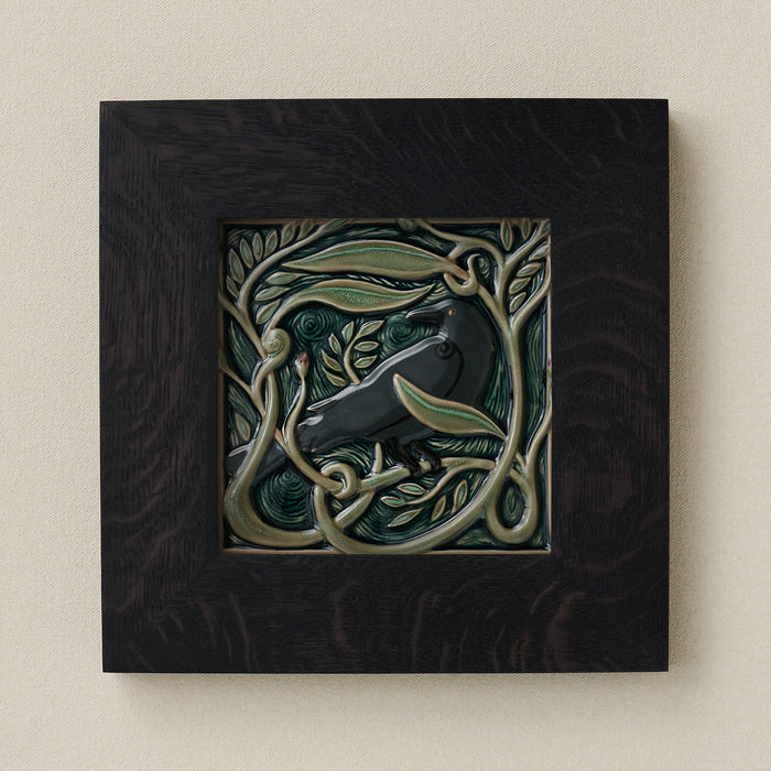 Rookwood Serviceberry Rook revival bird art tile in a black ebony wood frame