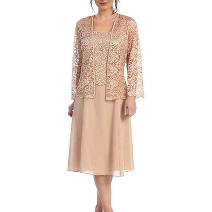 Elegant mother of the bride lace dress with jacket in soft peach color, perfect for special occasions