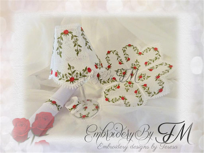 Set designs mini rose/ wine glass shades, doily, coaster and napkin holder /5x7 hoop