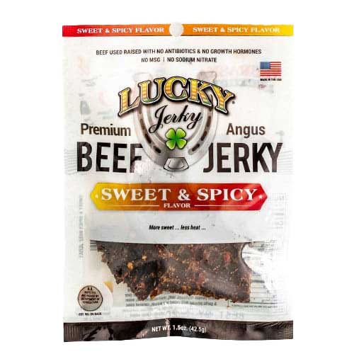 Package of Lucky Jerky Sweet & Spicy Beef Jerky on a white background
