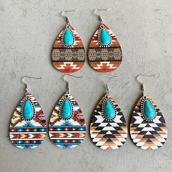 Turquoise Teardrop Shape Wooden Dangle Earrings - 3 Styles