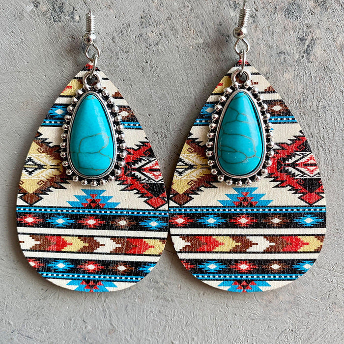 Turquoise Teardrop Shape Wooden Dangle Earrings - 3 Styles
