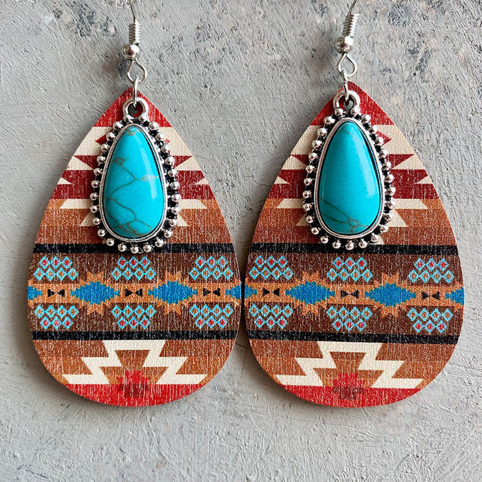 Turquoise Teardrop Shape Wooden Dangle Earrings - 3 Styles