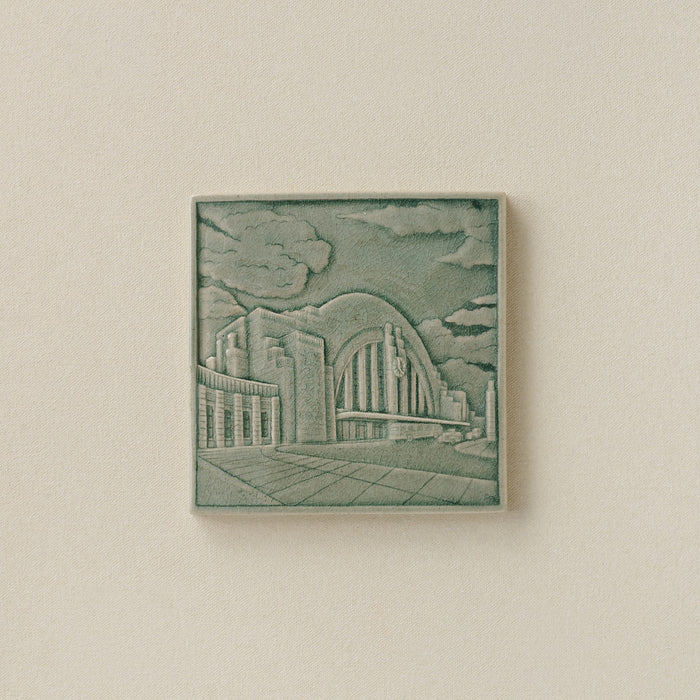 Green Rookwood City Scene art tile featuring Union Terminal in Cincinnati, unframed