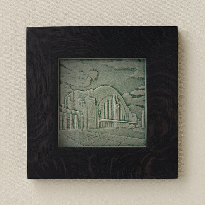 Rookwood Union Terminal City Scene art tile in a black ebony wood frame