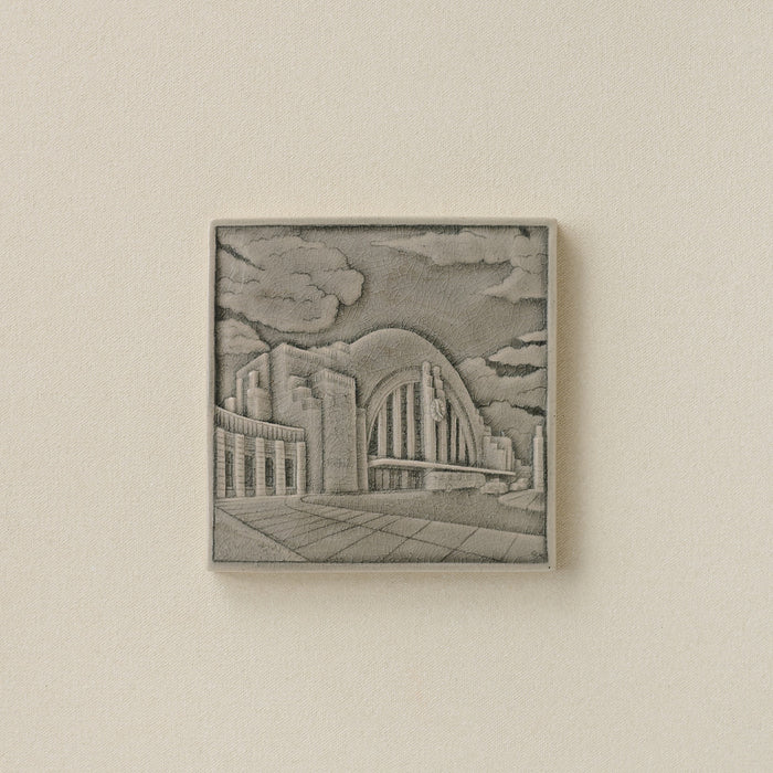 Gray Rookwood City Scene art tile featuring Union Terminal in Cincinnati, unframed