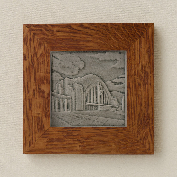 Rookwood Union Terminal City Scene art tile in a golden oak wood frame