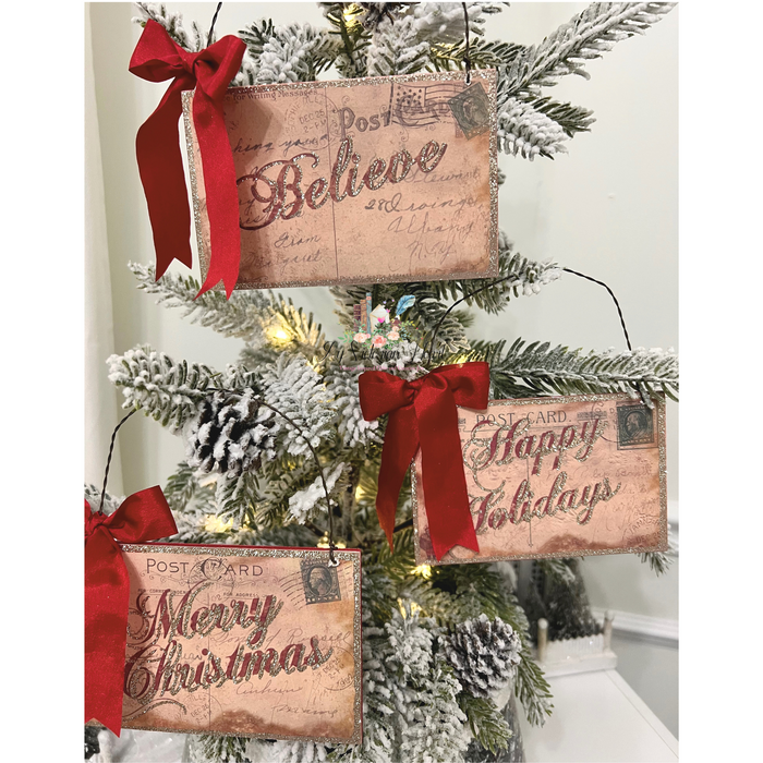Back View of Christmas Greetings on Wood Santa Postcard Ornaments