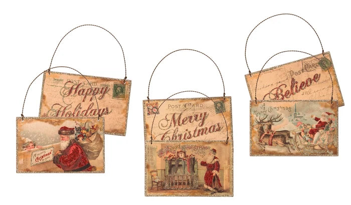Victorian Vintage style Santa Postcard Wood Ornaments Set, front and back