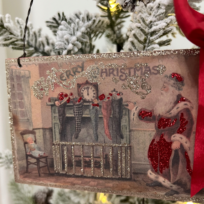 Closeup of Santa by Fireplace Wood Postcard Ornament