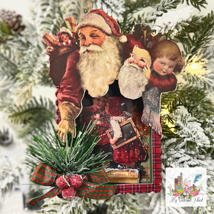 Victorian Santa Shadowbox Ornament Plaid Trim and Bow