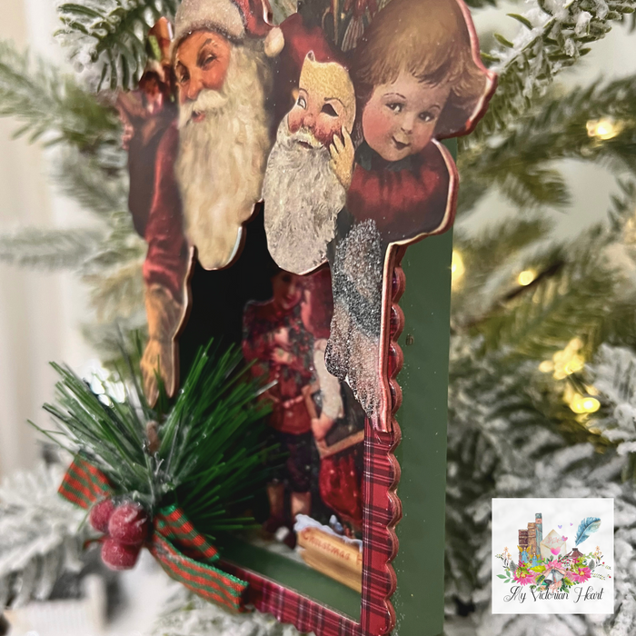 Victorian Santa Shadowbox Ornament Plaid Trim, Side view