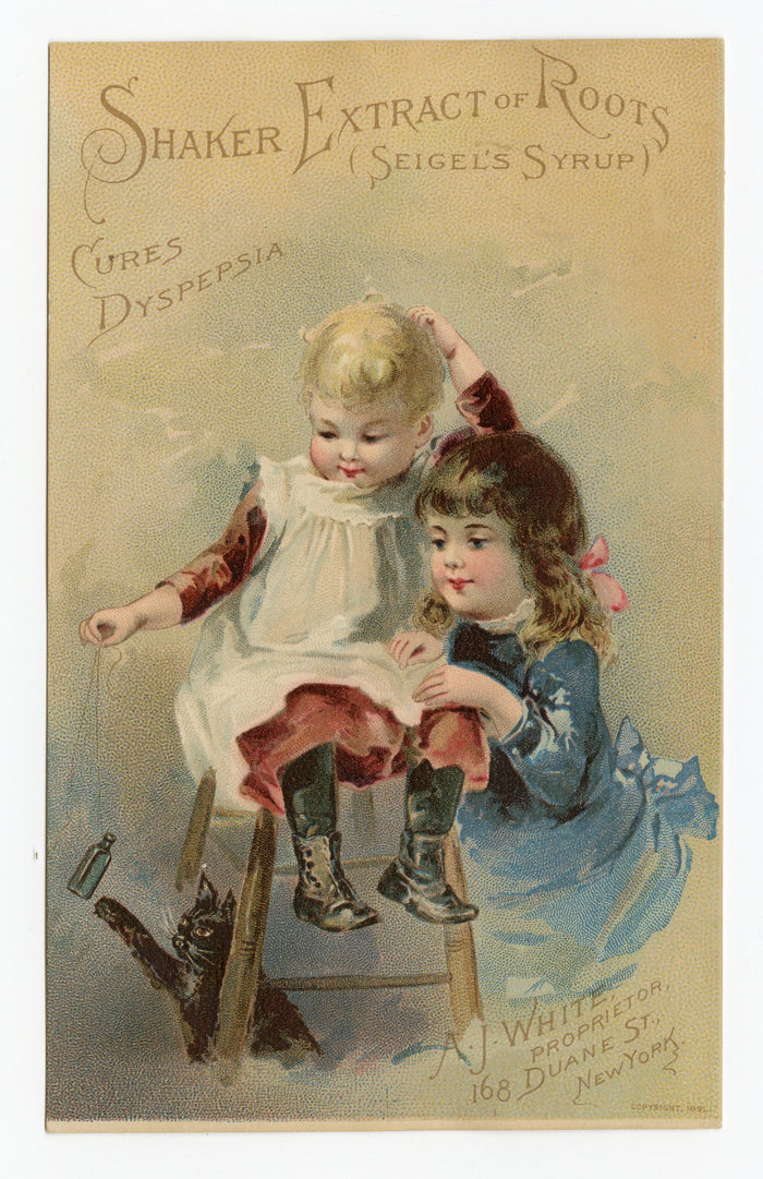 Victorian Shaker Extract of Roots, Quack Medicine Trade Card || Sisters, Cat