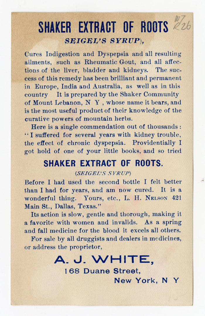 Victorian Shaker Extract of Roots, Quack Medicine Trade Card || Sisters, Cat