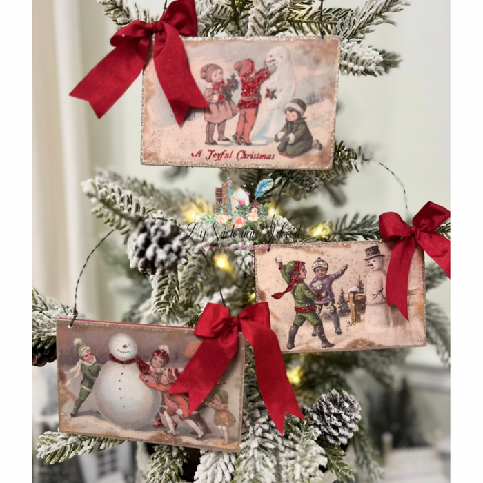 Let it Snow Wood Ornaments Set of 3 on Snowy Tree