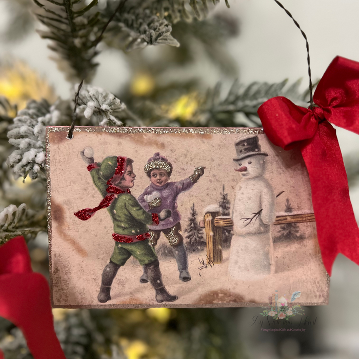 Let it Snow Wood Postcard Ornament Kids with Snowballs