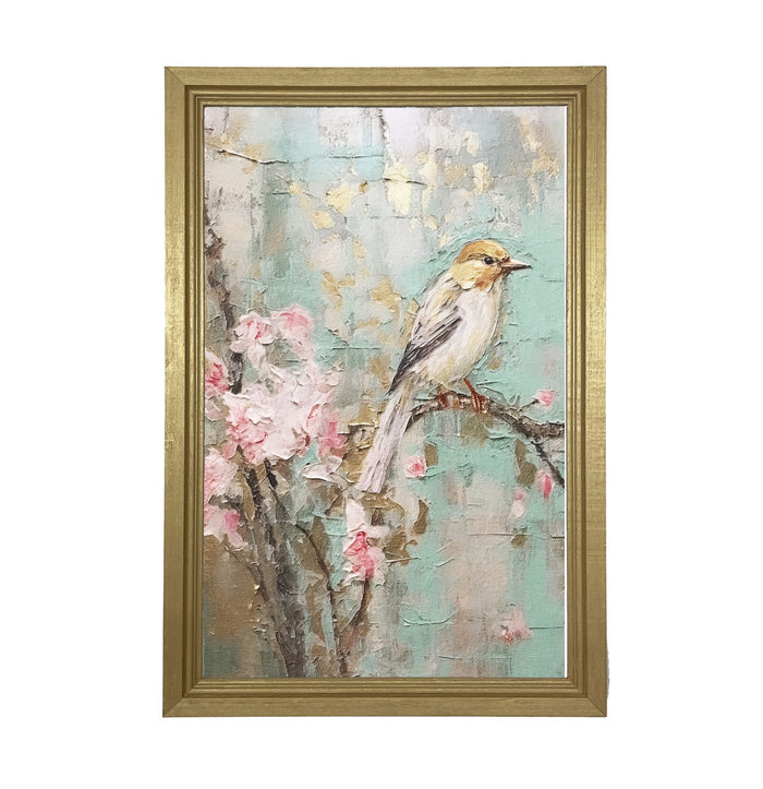 White-breasted bird on cherry blossom branch - Framed Art