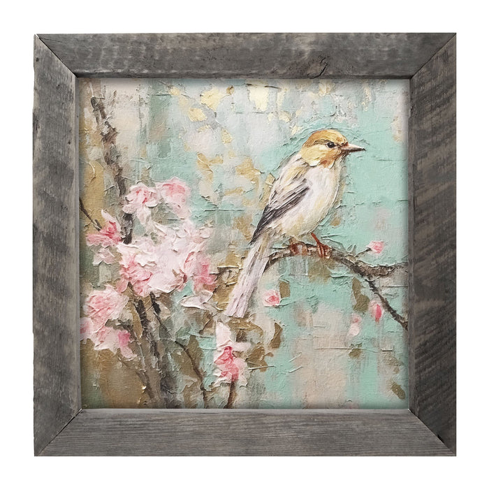 White-breasted bird on cherry blossom branch - Framed Art