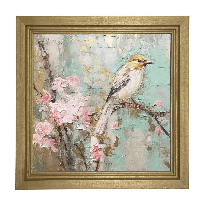 White-breasted bird on cherry blossom branch - Framed Art