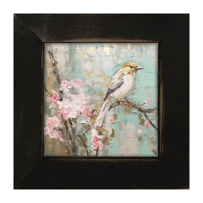 White-breasted bird on cherry blossom branch - Framed Art