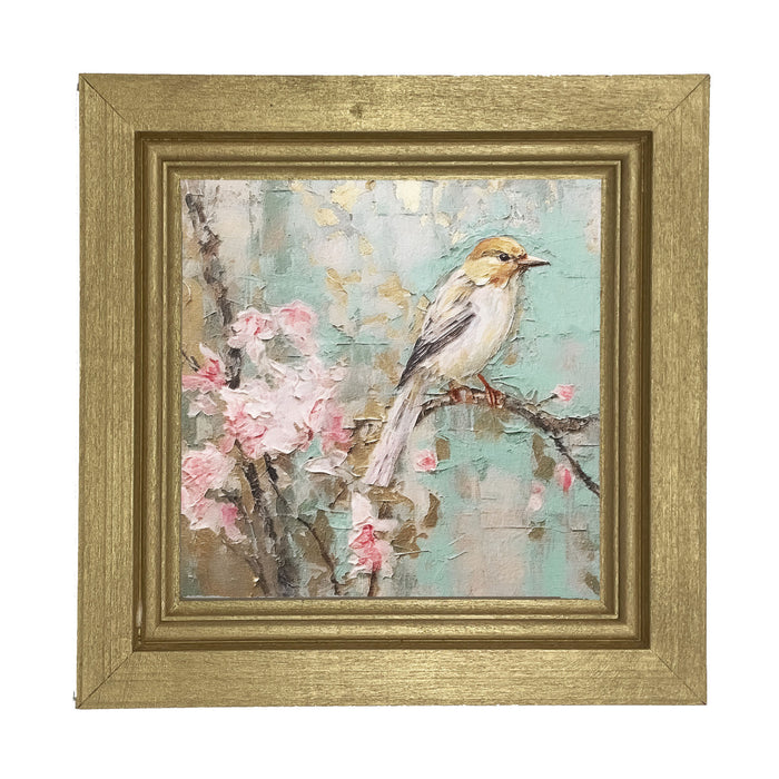 White-breasted bird on cherry blossom branch - Framed Art