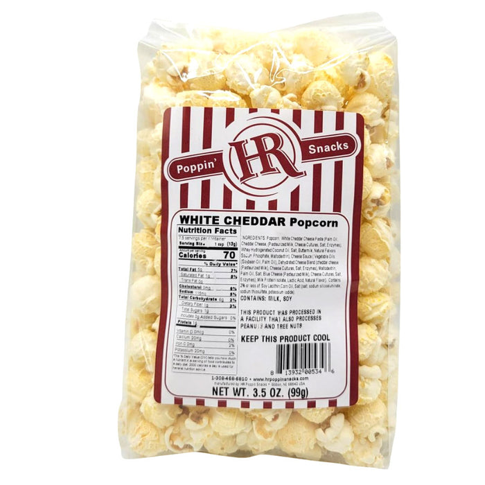 Bag of HR Poppin' Snacks White Cheddar Popcorn with label on a white background