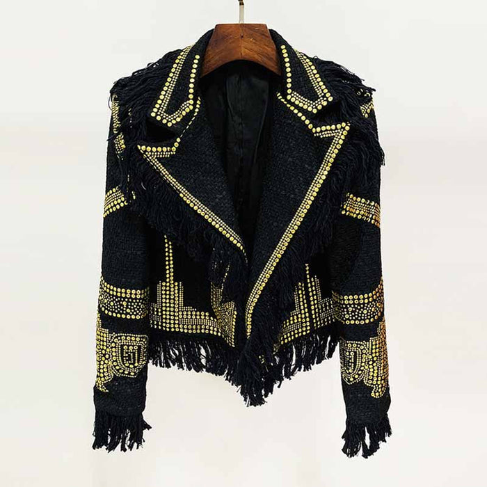 Women Black Blazer With Tassel tweed Jacket Coat