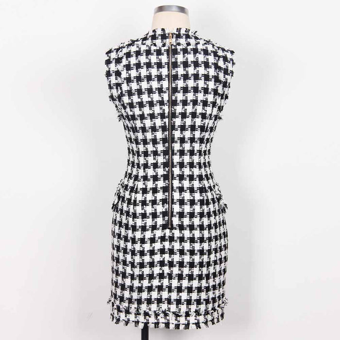 Women Houndstooth V Neck Fitted Knitted Dress Mini Vest Dress